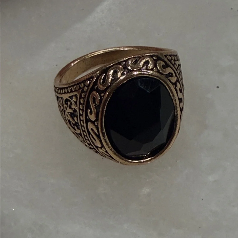 New Artisan Antique Style Brass-Tone Men's Ring with Black Oval Crystal Stone